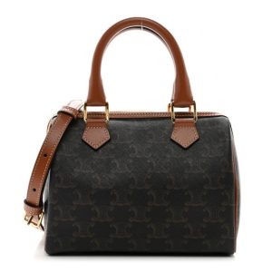 Celine Triomphe Canvas Calfskin Small Boston Bag Tan