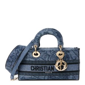 Christian Dior Canvas Toile De Jouy Embroidered Medium Lady D-Joy Blue Black