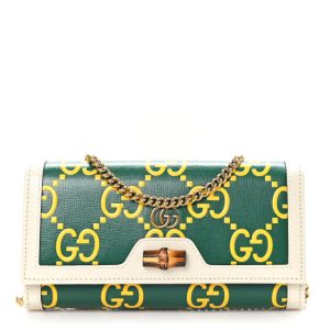 Gucci Azalea Calfskin GG Monogram Bi-Color Debossed Diana Chain Wallet Emerald Stone Topaz Mystic White