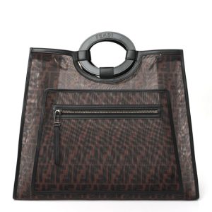 Fendi Mesh Vitello Century Cuoio FF 1974 Medium Runaway Shopper Tote Marrone Black Ebano