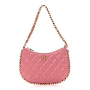 Chanel Shiny Crumpled Lambskin Quilted Trendy Chain Around Hobo Pink