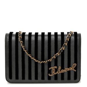 Chanel Iridescent Calfskin Velvet Stripe Wallet On Chain WOC Charcoal
