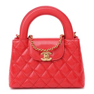 Chanel Shiny Aged Calfskin Quilted Nano Kelly Shopper Dark Red