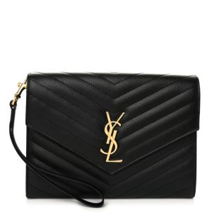 Saint Laurent Grain De Poudre Matelasse Chevron Monogram Envelope Clutch Black