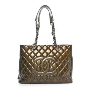 Chanel Patent Quilted Grand Shopping Tote GST Dark Grey