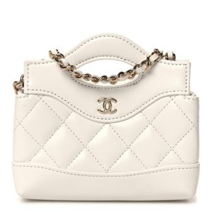 Chanel Shiny Lambskin Quilted Micro 31 Clutch With Chain White