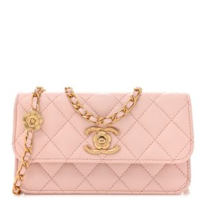 Chanel Caviar Quilted Camellia Phone Holder With Chain Light Pink