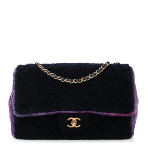 Chanel Shearling Tweed Jumbo Single Flap Navy Purple