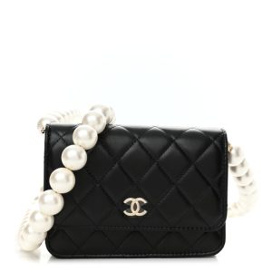 Chanel Calfskin Quilted Mini Maxi Pearls Wallet On Chain WOC Black