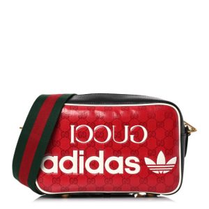 Gucci X ADIDAS Crystal Vintage Monogram Textured Dollar Calfskin Web Trefoil Logo Small Messenger Bag Hibiscus Red Off White Black