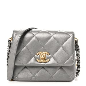 Chanel Metallic Lambskin Quilted Mini Side Note Flap Grey