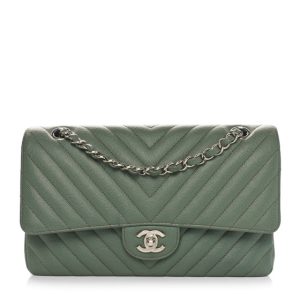 Chanel Caviar Chevron Quilted Medium Double Flap Green