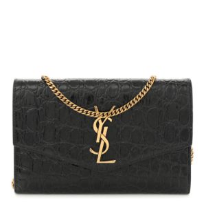 Saint Laurent Calfskin Crocodile Embossed Monogram Uptown Chain Wallet Black