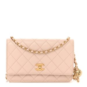 Chanel Lambskin Quilted CC Pearl Crush Wallet on Chain WOC Beige