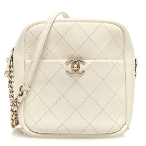 Chanel Goatskin Stitched Casual Trip North South Camera Case White