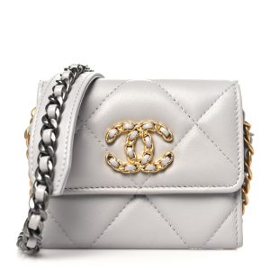 Chanel Lambskin Quilted Chanel 19 Flap Coin Purse With Chain Grey