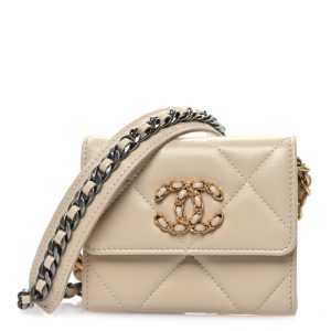 Chanel Lambskin Quilted Chanel 19 Flap Coin Purse With Chain Beige