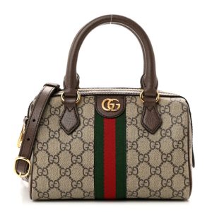 Gucci GG Supreme Monogram Textured Dollar Calfskin Web Mini Ophidia Top Handle Bag Beige Ebony New Acero