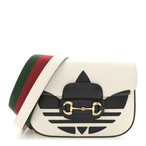 Gucci X ADIDAS Textured Dollar Calfskin Web Trefoil Mini Horsebit 1955 Shoulder Bag Off White Black