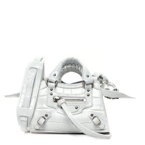 Balenciaga Extra Supple Calfskin Crocodile Embossed Neo Classic Silver Hardware Super Nano City Crossbody White