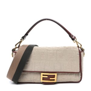 Fendi Sardinian Jacquard Vitello King FF 1974 Embroidered Baguette Corda Praline