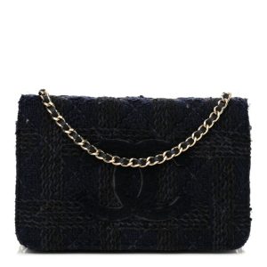 Chanel Tweed Shearling Quilted Chanel Wallet On Chain WOC Navy Black