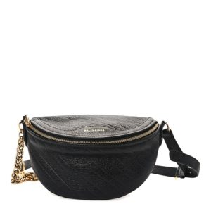 Balenciaga Shiny Goatskin Allover Logo Embossed XXS Souvenir Belt Bag Black