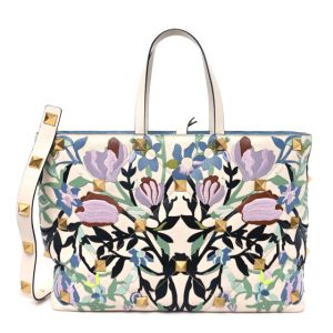 Valentino Garavani Grained Calfskin Embroidered Large Roman Stud Tote Multicolor