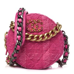Chanel Wool Tweed Lambskin Quilted Chanel 19 Round Clutch With Chain and Coin Purse Fuchsia