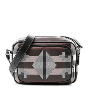 Burberry E-Canvas Calfskin Geometric Check Paddy Messenger Dark Birch Brown White