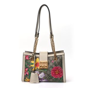Gucci GG Supreme Monogram Flora Textured Calfskin Small Padlock Tote Beige Ebony Multicolor Mystic White