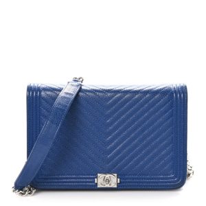Chanel Caviar Chevron Quilted Boy Wallet On Chain WOC Blue