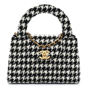 Chanel Tweed Houndstooth Quilted Nano Kelly Shopper Black White