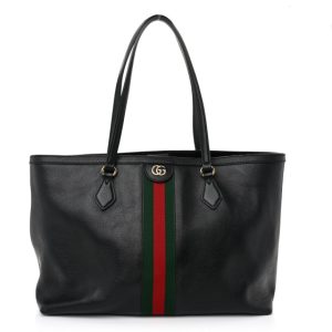 Gucci Textured Calfskin Web Medium Ophidia Shopping Tote Black
