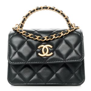 Chanel Lambskin Quilted Chain Top Handle Clutch With Chain Black