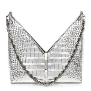 Givenchy Metallic Calfskin Croc Embossed Small Cut Out Shoulder Bag Silver
