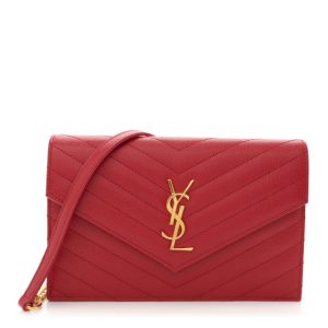 Saint Laurent Grain De Poudre Matelasse Chevron Monogram Envelope Chain New Red