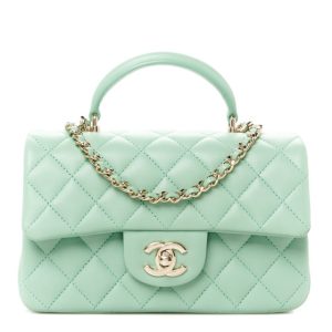 Chanel Lambskin Quilted Mini Top Handle Rectangular Flap Light Green