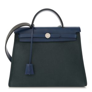 Hermes Vache Hunter Toile Officier Herbag Zip 31 PM Vert Bosphore Bleu Saphir