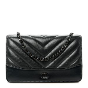 Chanel Aged Calfskin Chevron Quilted Gabrielle Wallet On Chain WOC Black