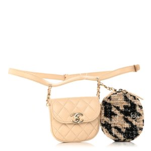 Chanel Tweed Lambskin Quilted Waist Bag With Coin Purse Beige