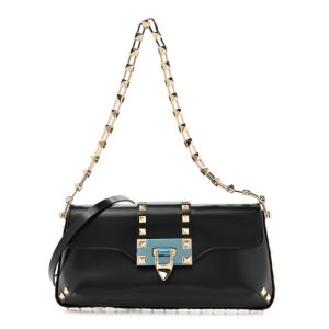 Valentino Garavani Brushed Calfskin Rockstud Flip Lock Chain Shoulder Bag Black