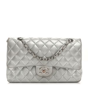 Chanel Metallic Lambskin Quilted Medium Double Flap Silver