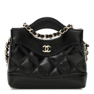 Chanel Shiny Lambskin Quilted Micro 31 Clutch With Chain Black