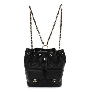 Chanel Calfskin Quilted Double Pocket Drawstring Backpack Black
