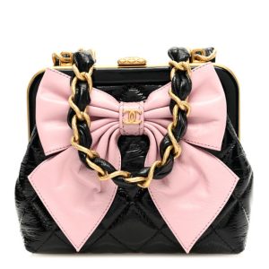 Chanel Patent Crumpled Lambskin Quilted Clutch With Chain Black Pink