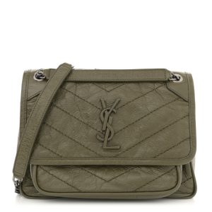 Saint Laurent Crinkled Lambskin Matelasse Monogram Baby Niki Chain Satchel Seawood