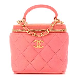 Chanel Lambskin Quilted Ombre Top Handle Mini Vanity Case With Chain Coral
