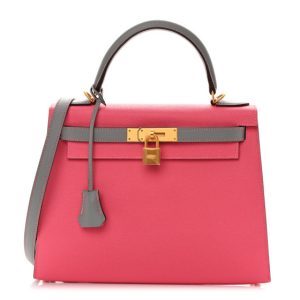 Hermes Epsom Horseshoe Kelly Sellier 28 Rose Azalee Gris Mouette