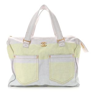 Chanel Denim Striped Large Pocket Tote Multicolor